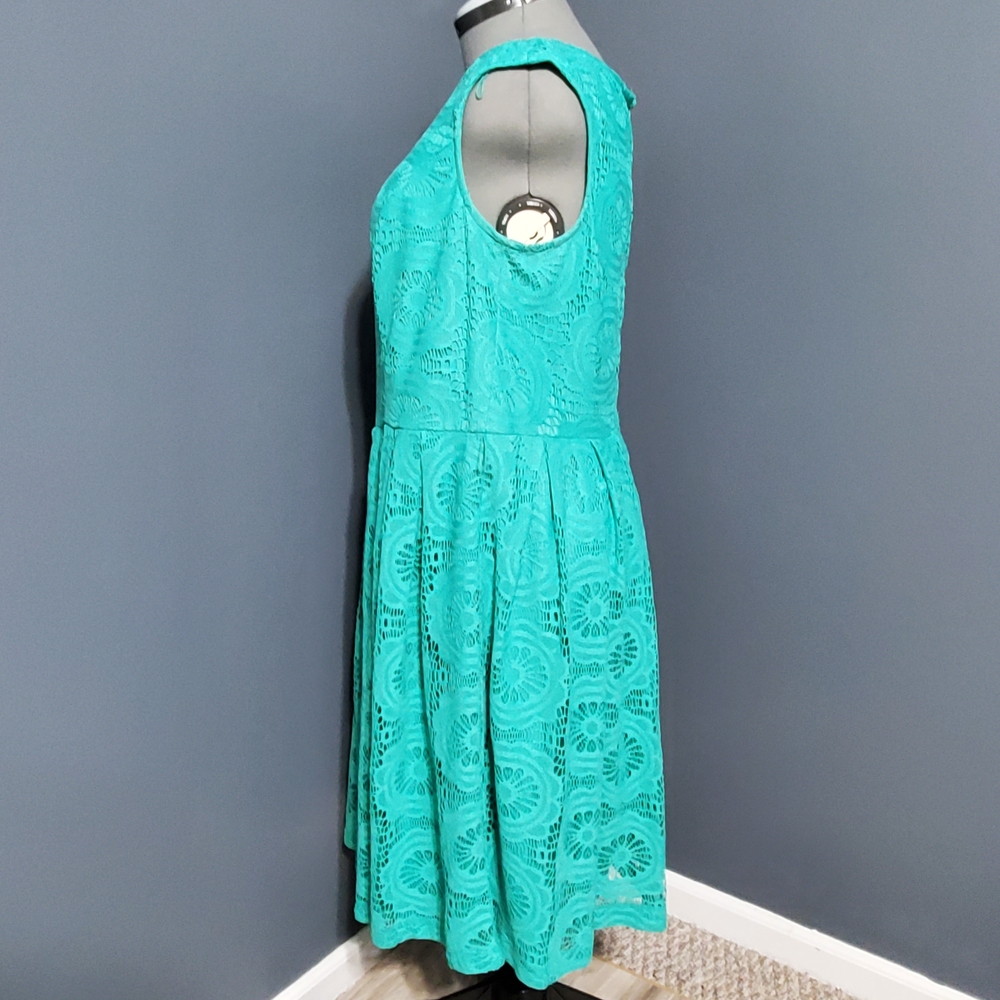 London Times Teal Aqua Green Lace Midi Fit and Flare Dress Size 14W - Picture 2 of 6